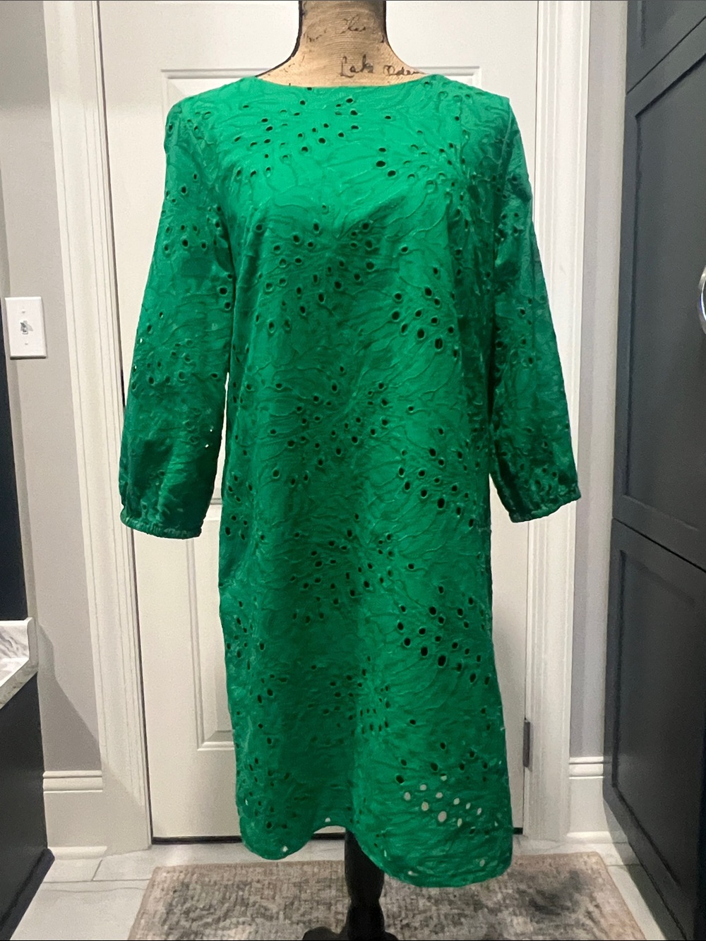 Statement Green Eyelet Shift Dress Sz 10 Cotton Preppy Old Money Vacation Resort - Picture 1 of 10
